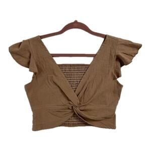 Bohemian Tan Twist Front Crop Top Smocked Back Boho Summer Small 4